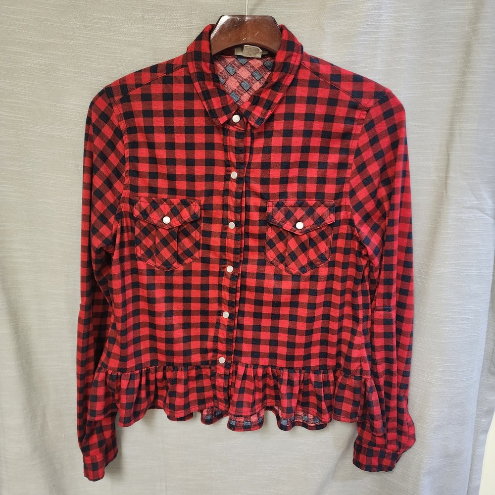 Passport Red Black Buffalo Plaid Peplum Ruffle Snap Button Down Shirt Medium